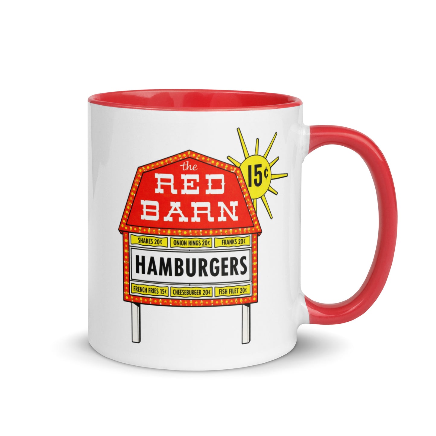 Red Barn Hamburgers coffee mug with red accent handle and interior, featuring the iconic vintage restaurant sign artwork on a white ceramic mug for collectors, nostalgia lovers, and retro Americana fans.