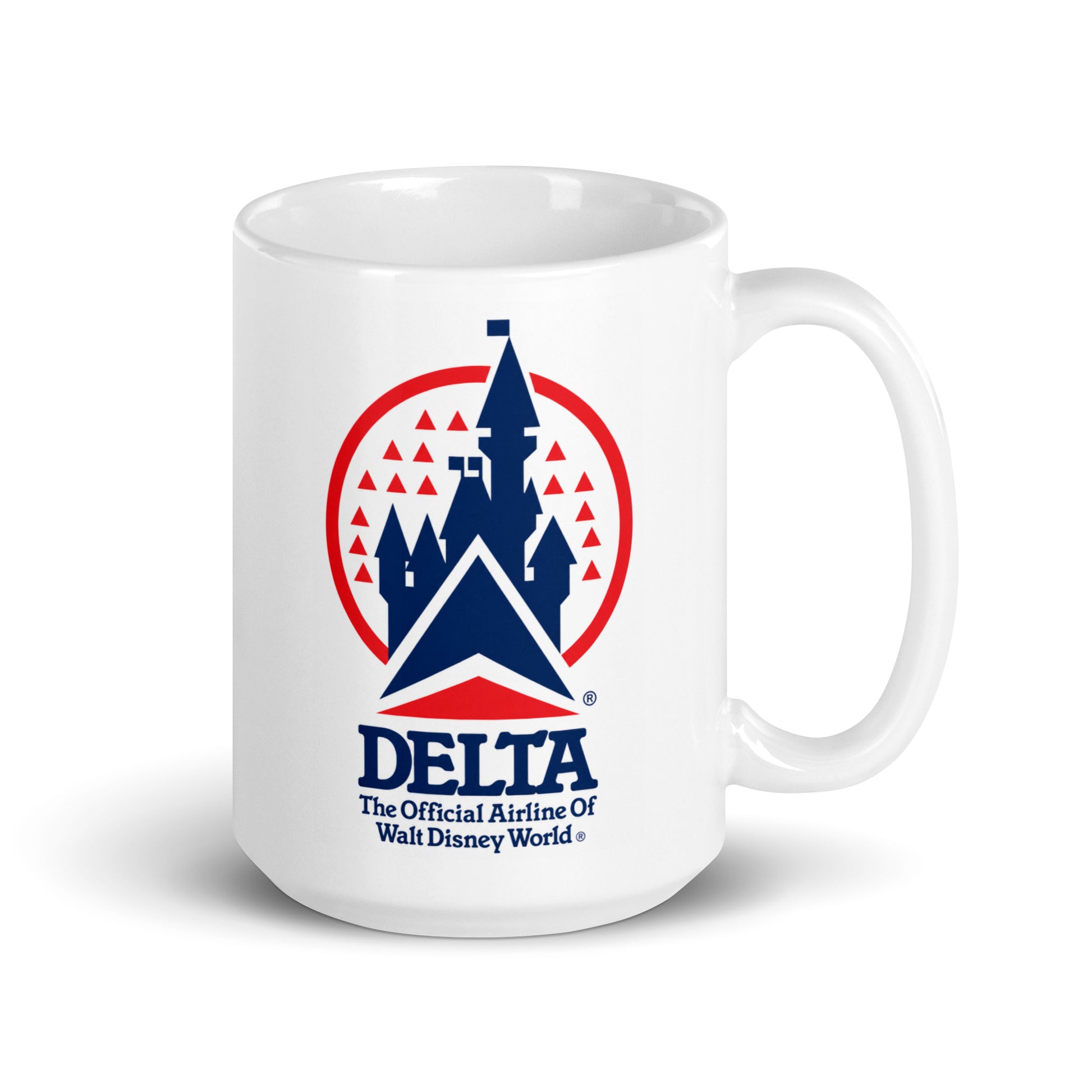Vintage Delta Air Lines Walt Disney World coffee mug featuring classic airline and castle logo artwork, collectible travel memorabilia for aviation enthusiasts and Disney fans.