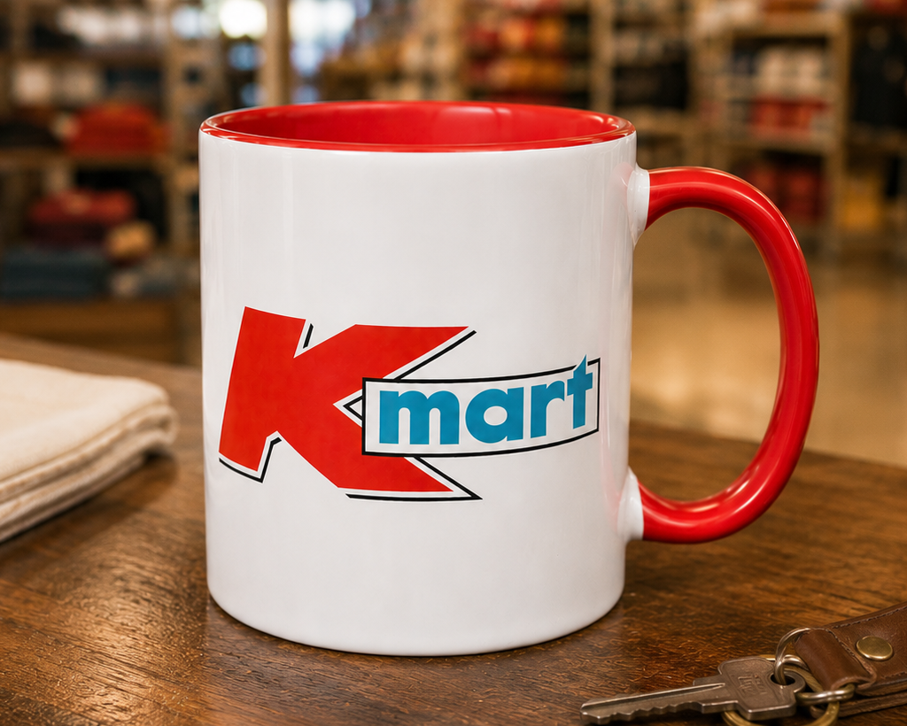 Kmart logo coffee mug with red accent handle and interior, featuring the iconic Kmart retail store logo on a white ceramic coffee cup for collectors and nostalgia enthusiasts.