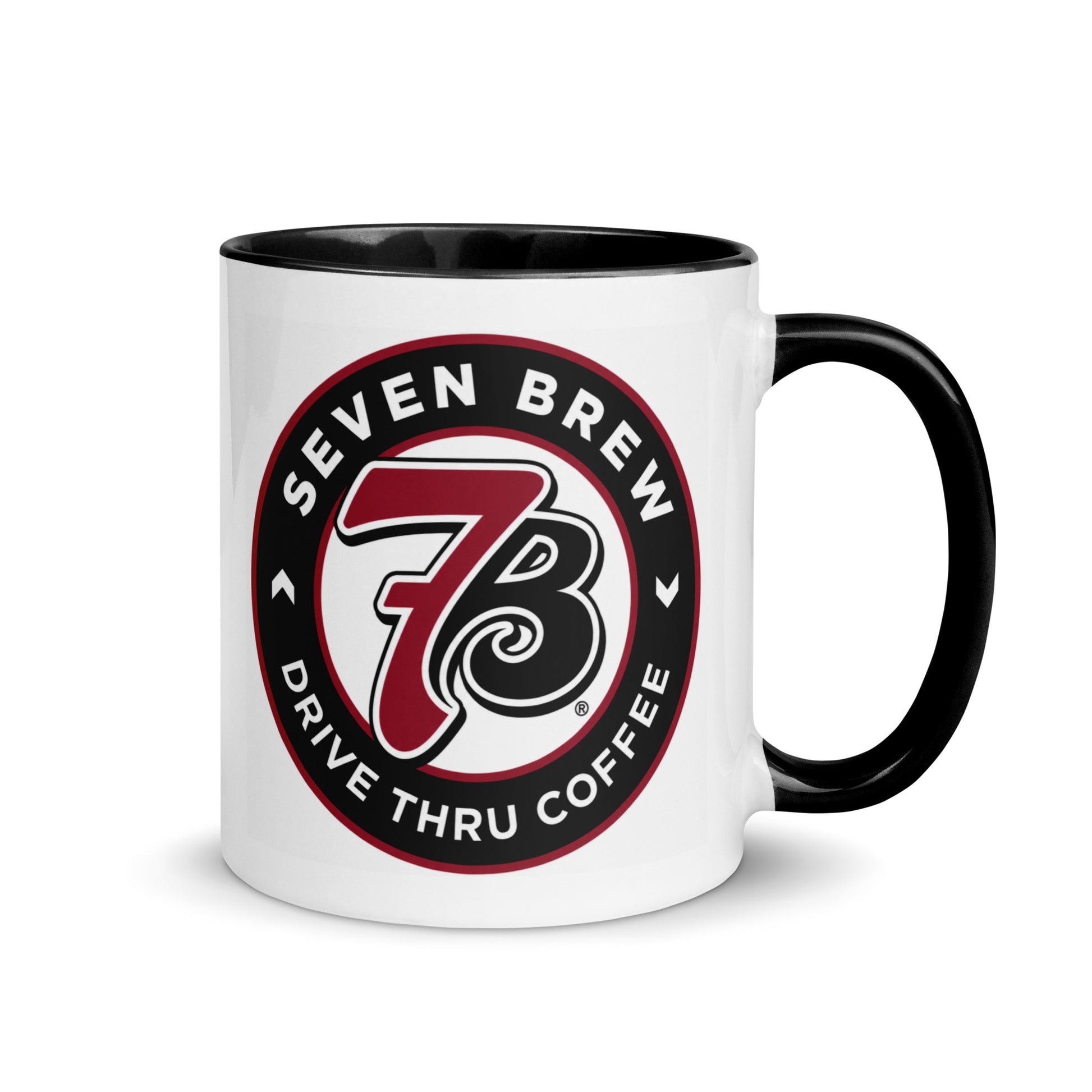 7 Brew Coffee logo 11 oz ceramic mug with black handle and black interior featuring Drive Thru Coffee design