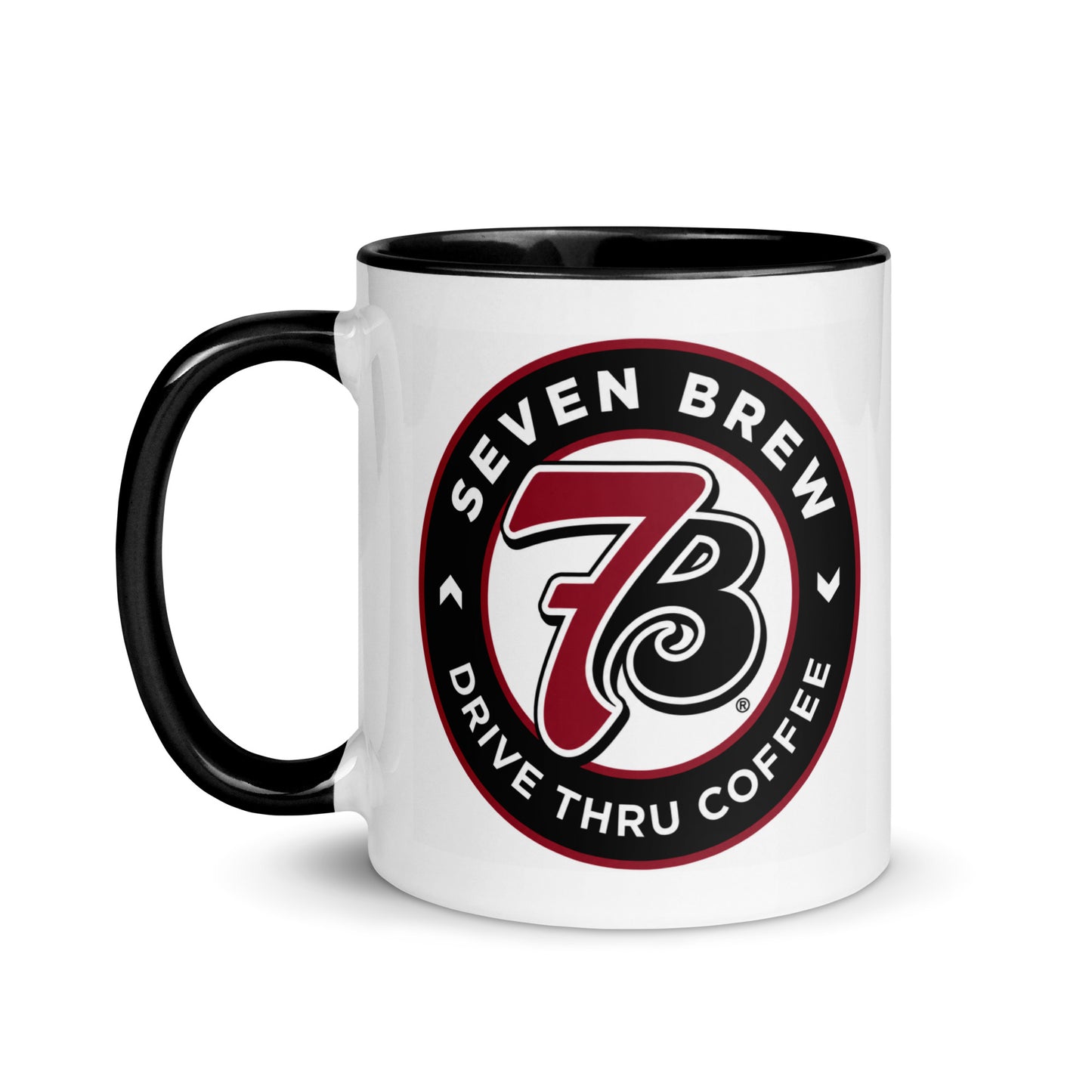 7 Brew logo coffee mug with black handle and bold red black and white design for drive thru coffee fans and collectors