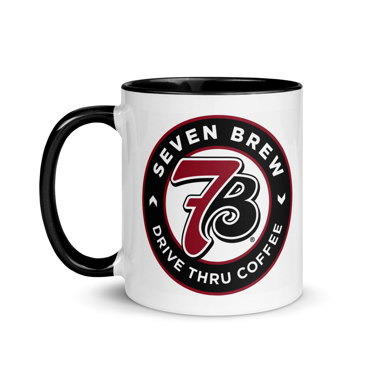 7 Brew logo coffee mug with black handle and bold red black and white design for drive thru coffee fans and collectors