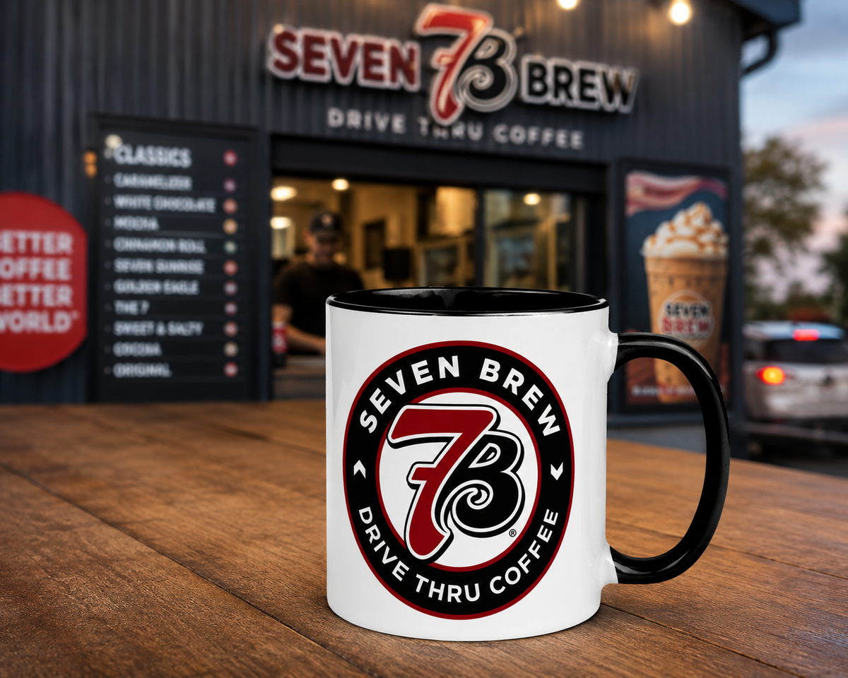 7 Brew Coffee mug featuring classic 7B Drive Thru Coffee logo on white ceramic with black handle and interior