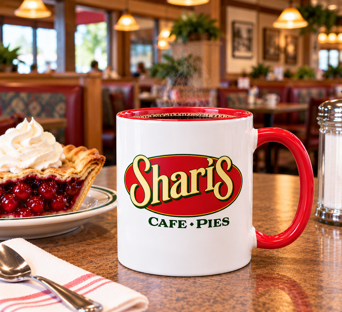 Shari’s Café & Pies restaurant coffee mug with vintage-style red oval logo, yellow lettering and green accents on white ceramic