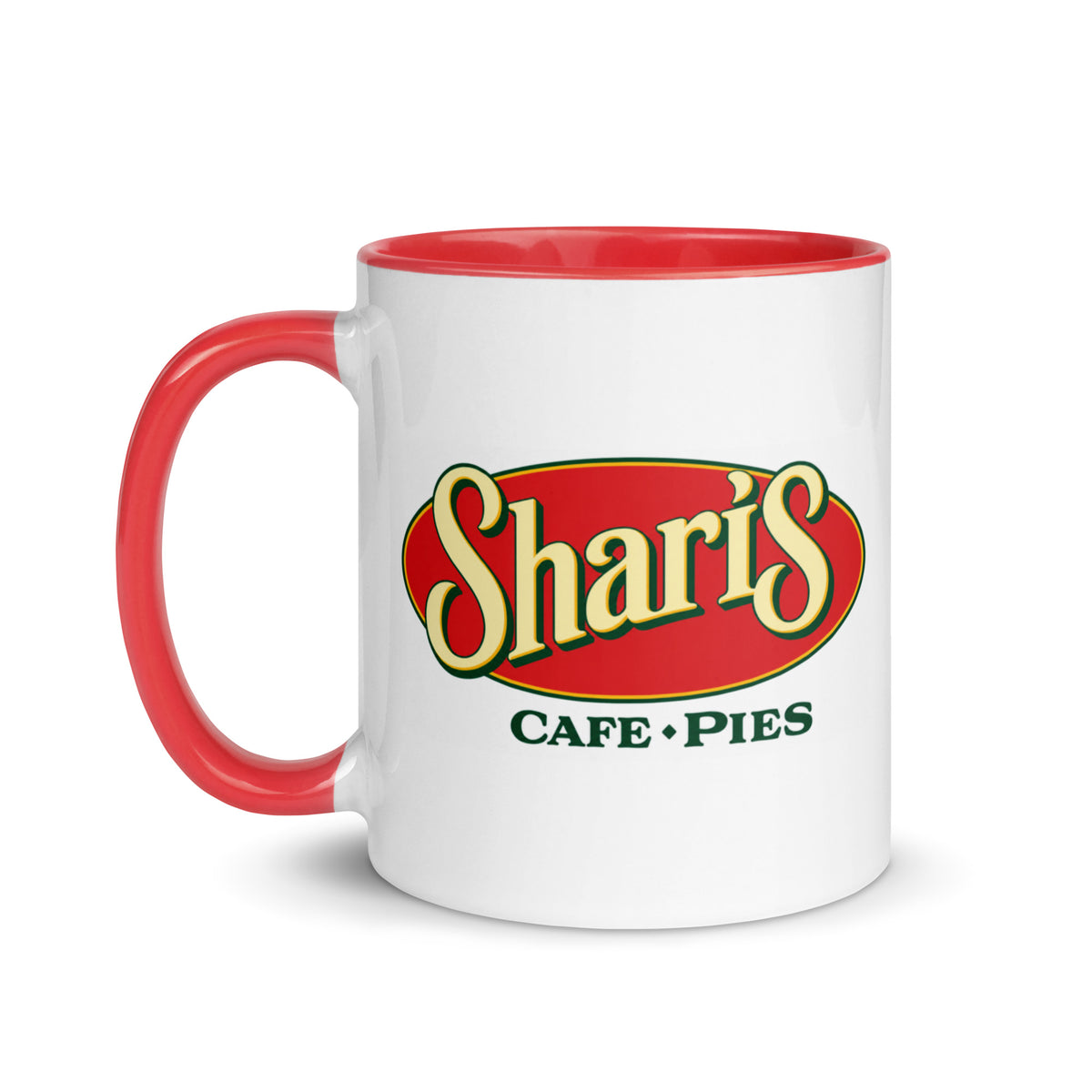 Shari’s Café & Pies nostalgic restaurant coffee mug featuring colorful retro diner logo, red interior and matching red handle