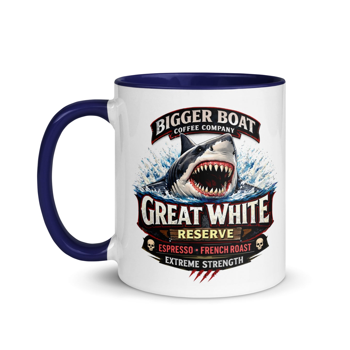 Great White Reserve coffee mug featuring a fierce great white shark design from Bigger Boat Coffee Company, perfect for shark enthusiasts, ocean lovers, and bold coffee fans.
