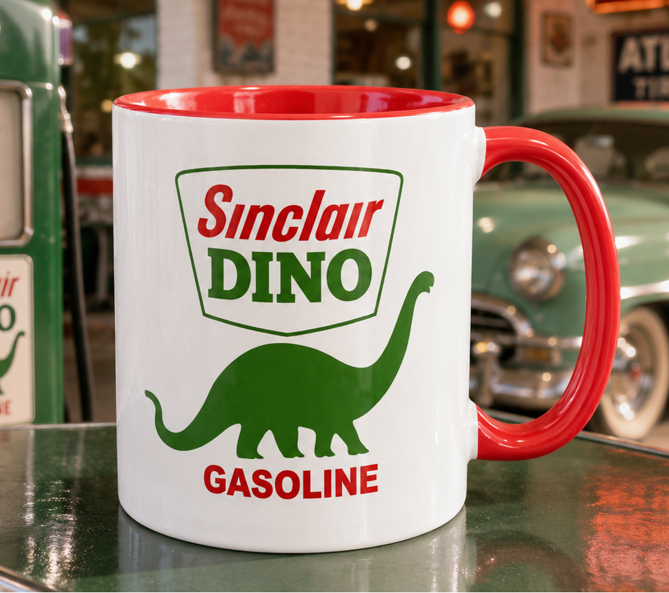 Sinclair Dino themed coffee mug featuring the legendary green dinosaur gasoline logo, nostalgic gift for classic car enthusiasts, road trip fans, and vintage advertising collectors.