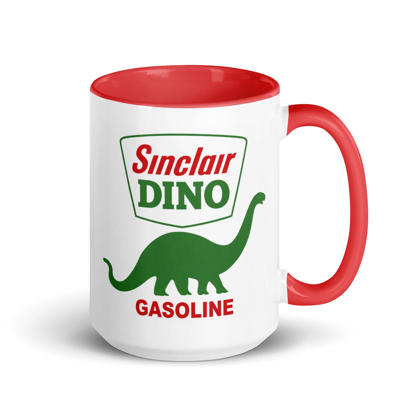 Sinclair Dino Gasoline coffee mug with red accent handle and interior, featuring the iconic green dinosaur gas station logo on a white ceramic mug for collectors, classic car enthusiasts, and retro Americana fans.