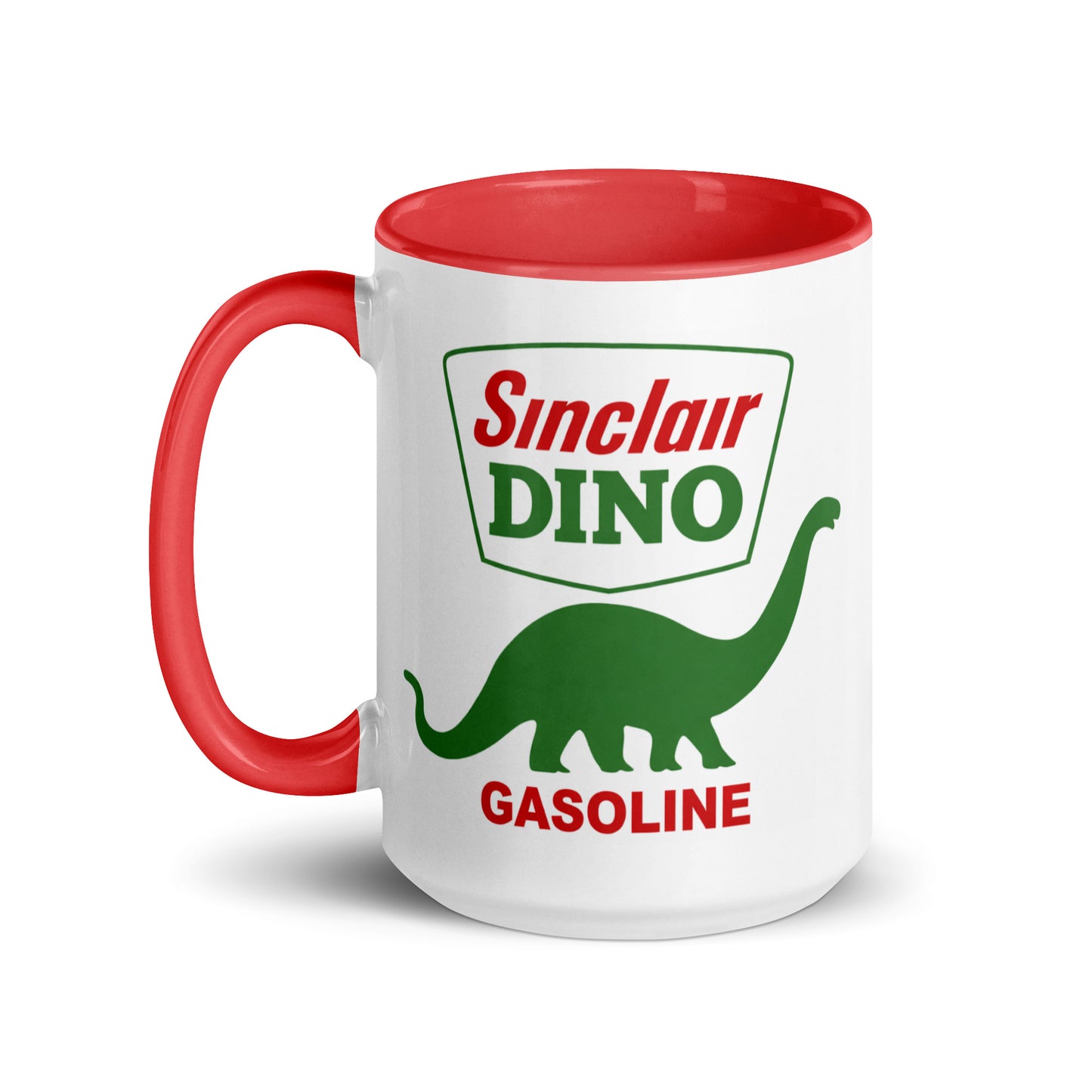 Sinclair Dino Gasoline coffee mug with red accent handle and interior, featuring the iconic green dinosaur gas station logo on a white ceramic coffee cup.