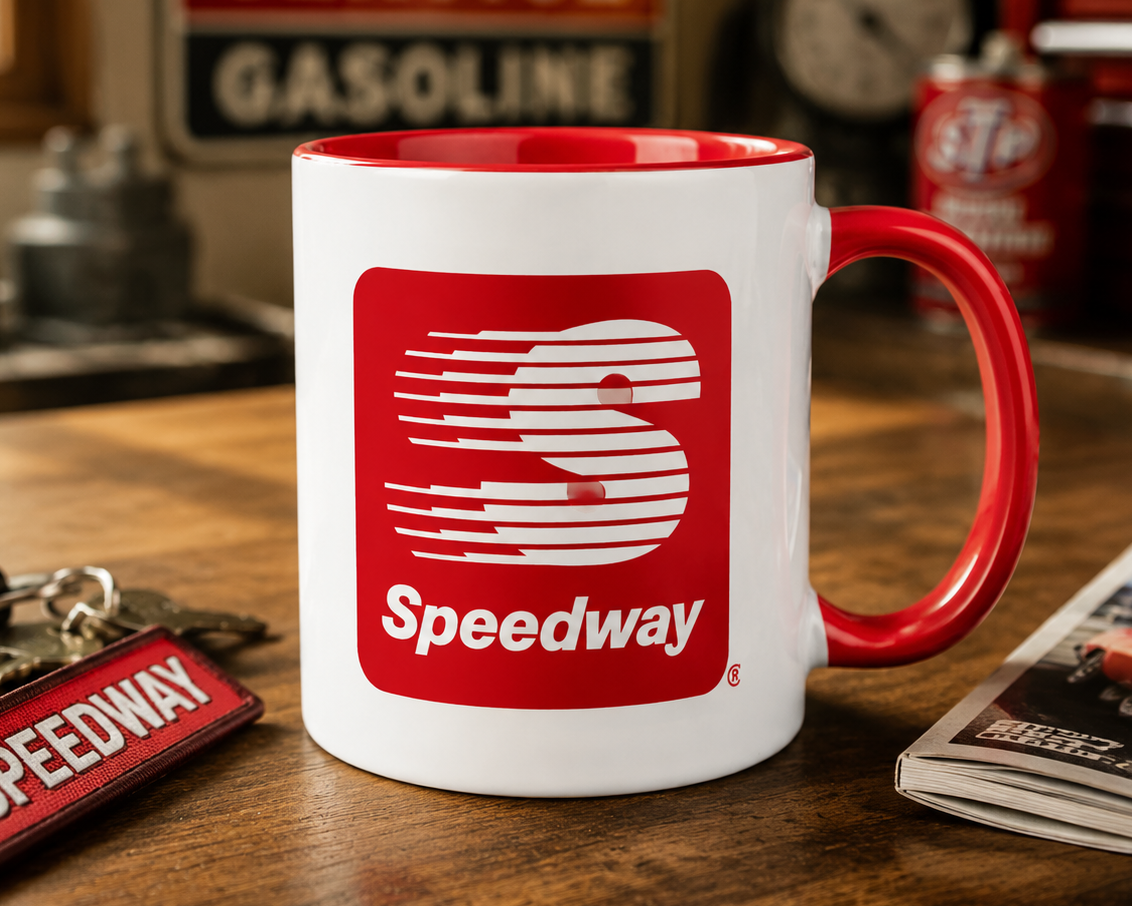 Retro Speedway gas station coffee mug showcasing the iconic vintage convenience store and fuel brand logo, ideal for automotive enthusiasts, road trip lovers, and advertising collectors.