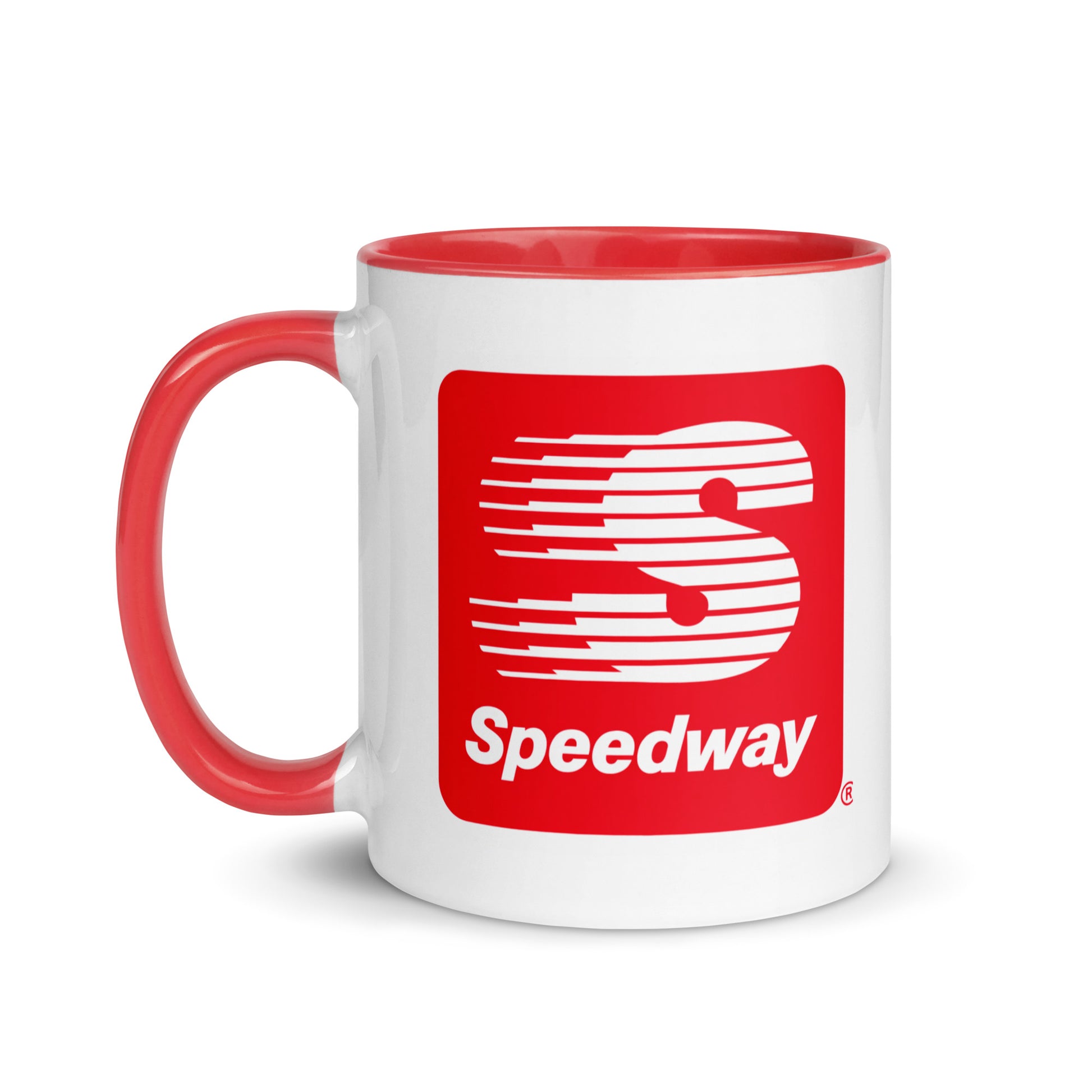 Vintage Speedway logo coffee mug featuring the classic red and white Speedway gas station emblem, perfect for motorsports fans, gas station memorabilia collectors, and Americana enthusiasts.