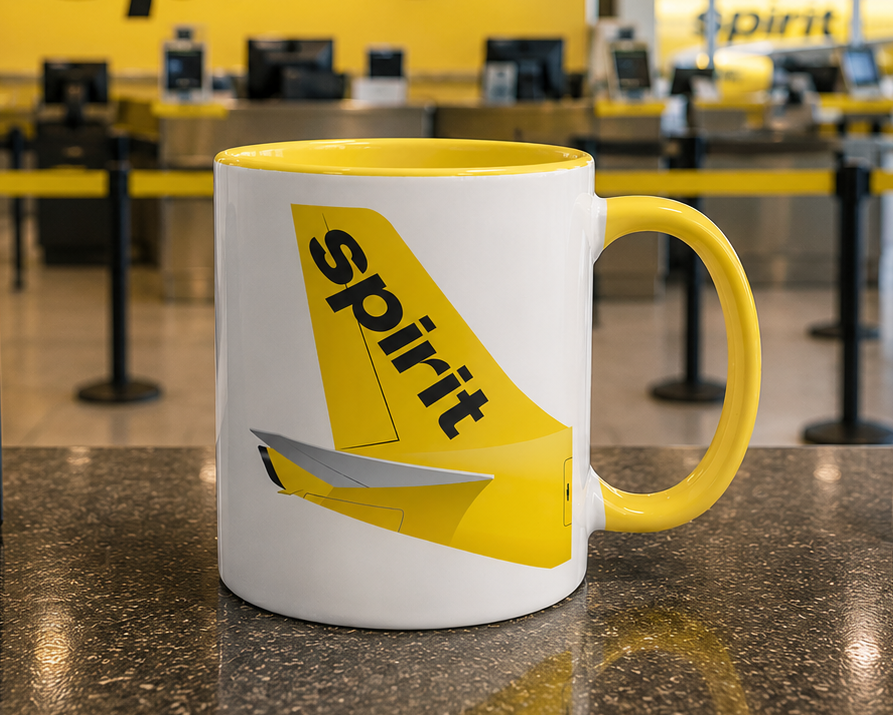 Spirit Airlines themed coffee mug featuring a yellow airplane tail graphic, collectible aviation drinkware gift for pilots, flight attendants, and airline fans.