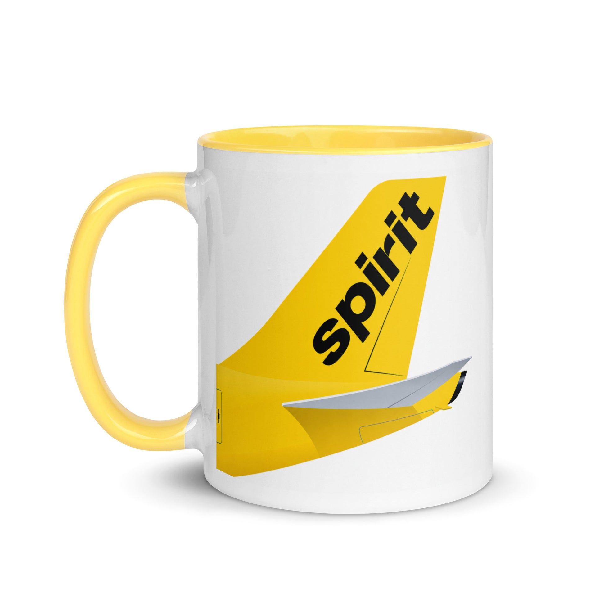 Spirit Airlines tail coffee mug with yellow accent handle and interior, featuring a detailed airplane tail design on a ceramic 11oz coffee cup.