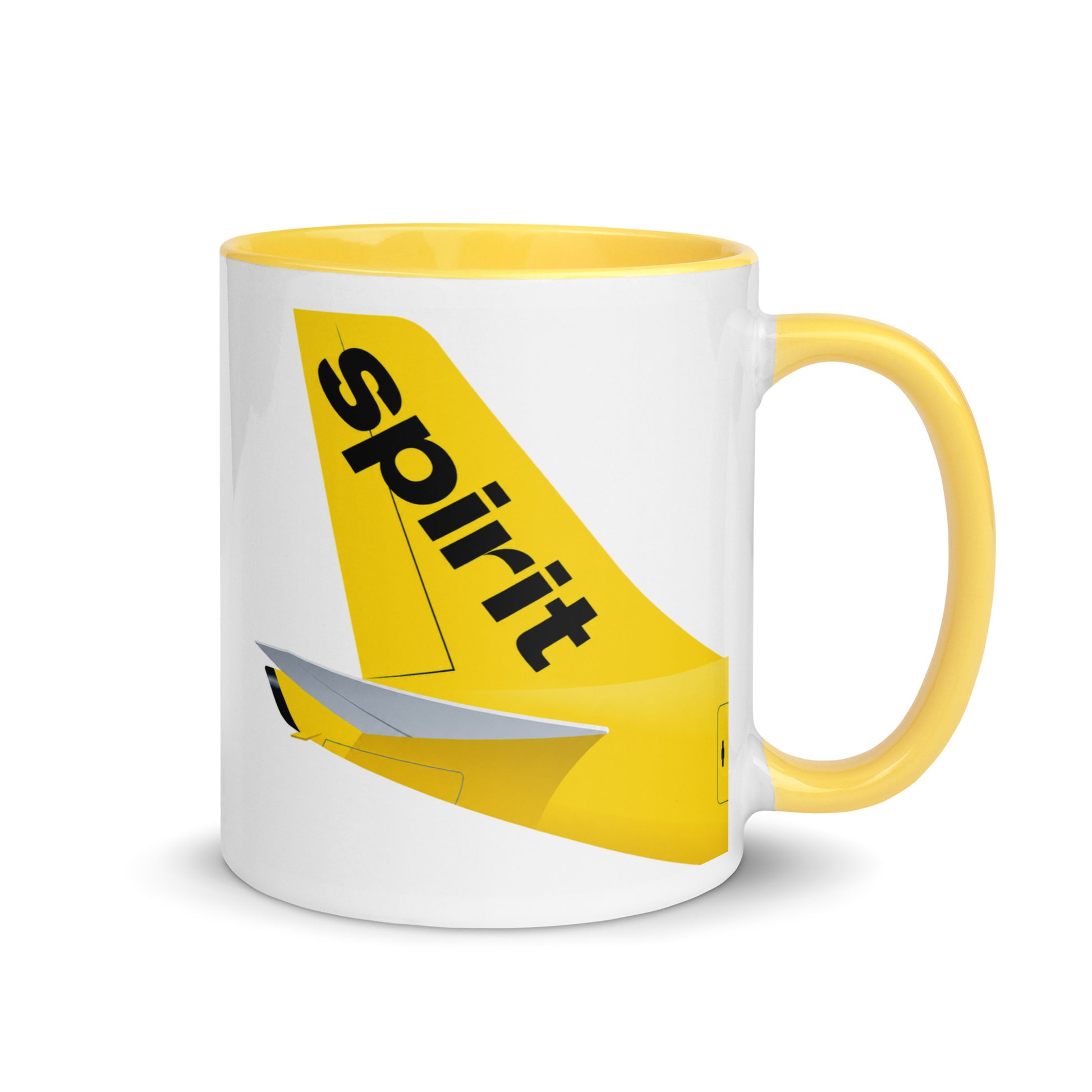 Spirit Airlines coffee mug with yellow accent handle and interior, featuring a detailed aircraft tail design on a white ceramic mug for aviation enthusiasts and collectors.