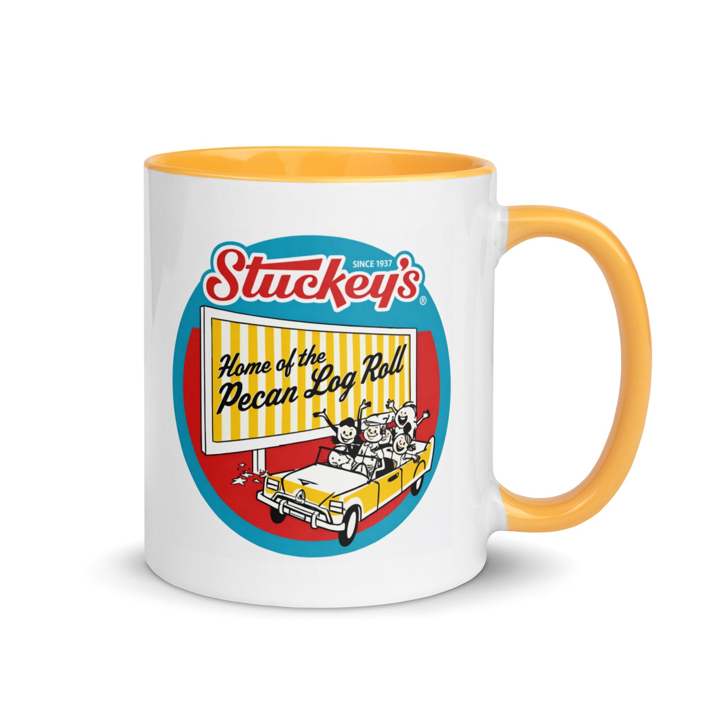 Vintage Stuckey's coffee mug featuring the classic roadside billboard and Pecan Log Roll artwork, perfect for road trip enthusiasts, Americana collectors, and nostalgic travel fans.