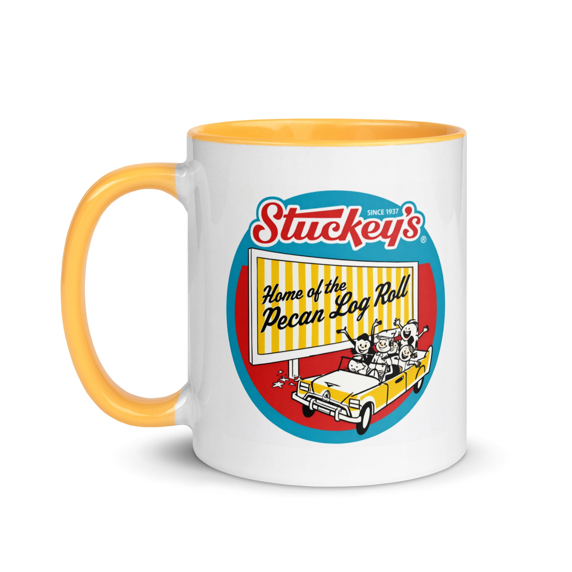 Vintage Stuckey's coffee mug featuring the classic roadside billboard and Pecan Log Roll artwork, perfect for road trip enthusiasts, Americana collectors, and nostalgic travel fans.