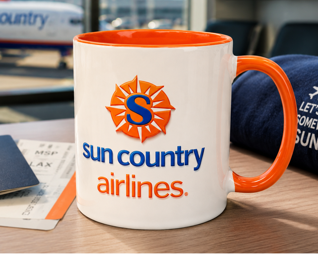 Sun Country Airlines logo coffee mug featuring the airline's signature sunburst emblem with orange accent handle, perfect for aviation enthusiasts, travelers, and airline memorabilia collectors.