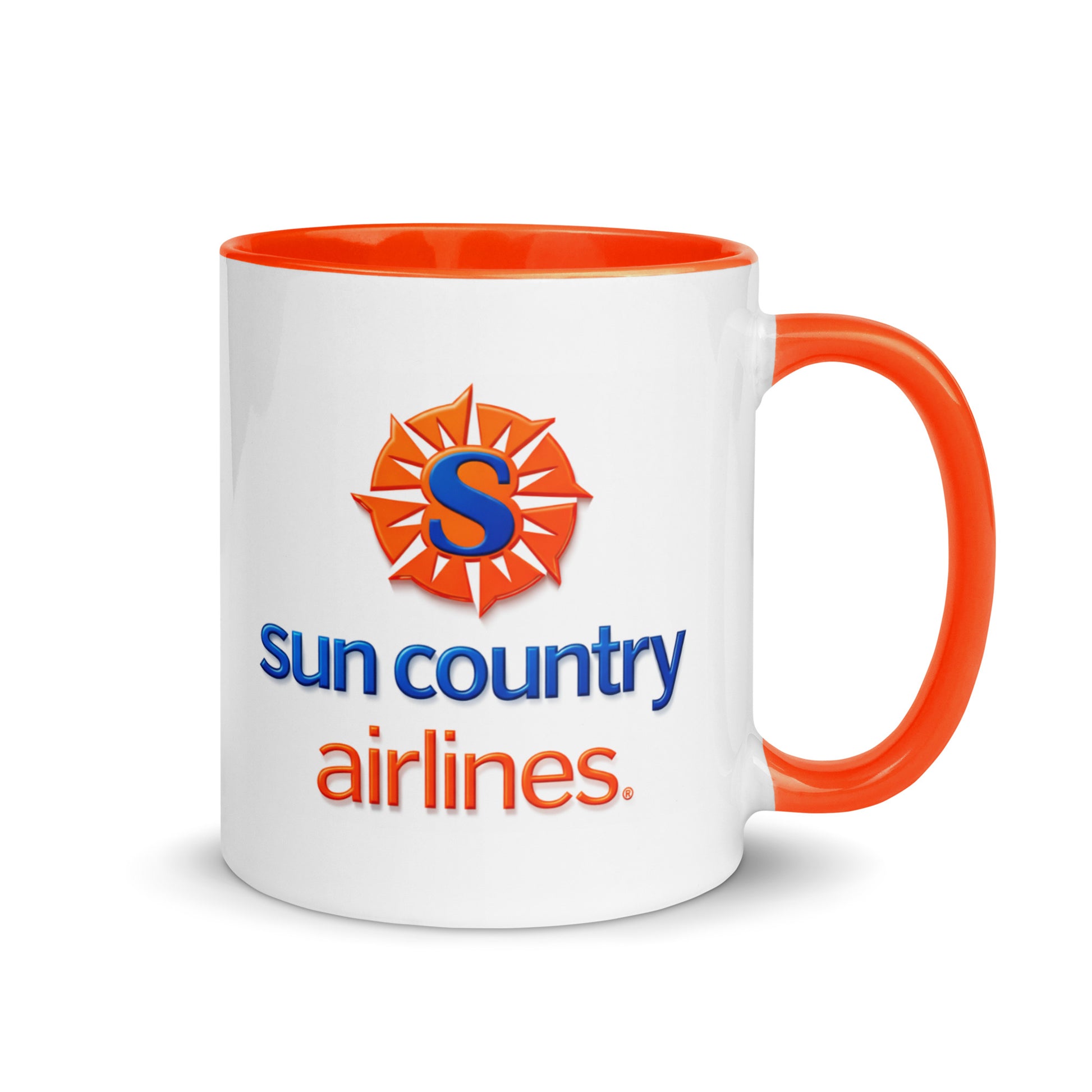 Sun Country Airlines logo coffee mug featuring the iconic sunburst airline emblem with orange accent handle, perfect for aviation enthusiasts, travelers, pilots, and airline memorabilia collectors.