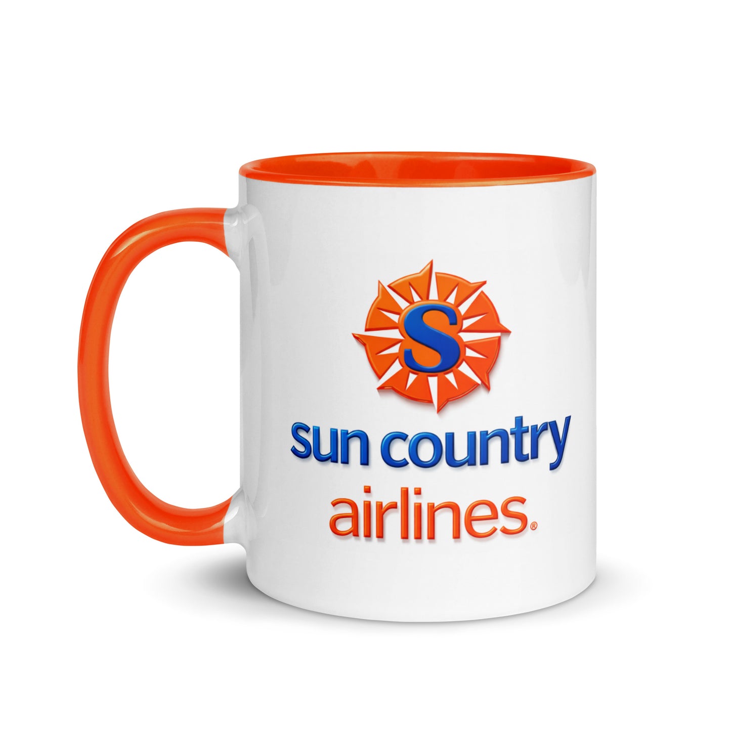 Sun Country Airlines coffee mug featuring the classic airline logo and bright orange accents, a unique aviation gift for airline employees, collectors, and travel lovers.