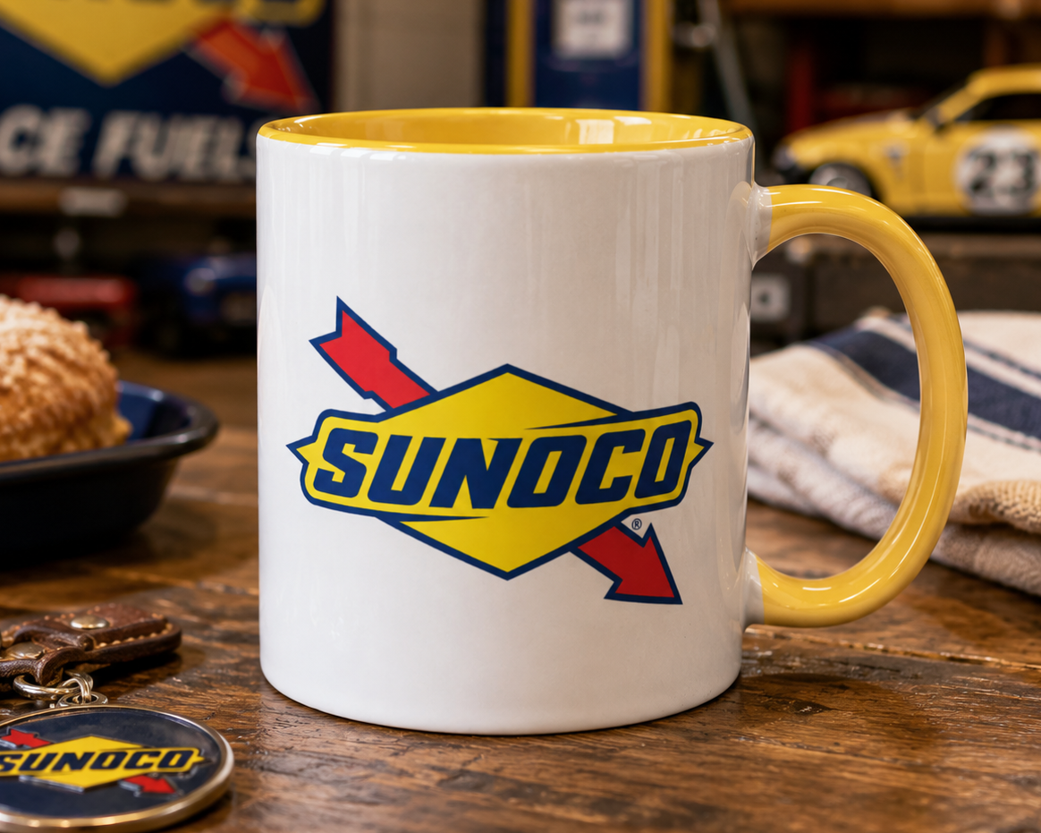 Vintage Sunoco logo coffee mug featuring the classic yellow diamond and red arrow design, perfect for gas station memorabilia collectors, automotive enthusiasts, and Americana fans.