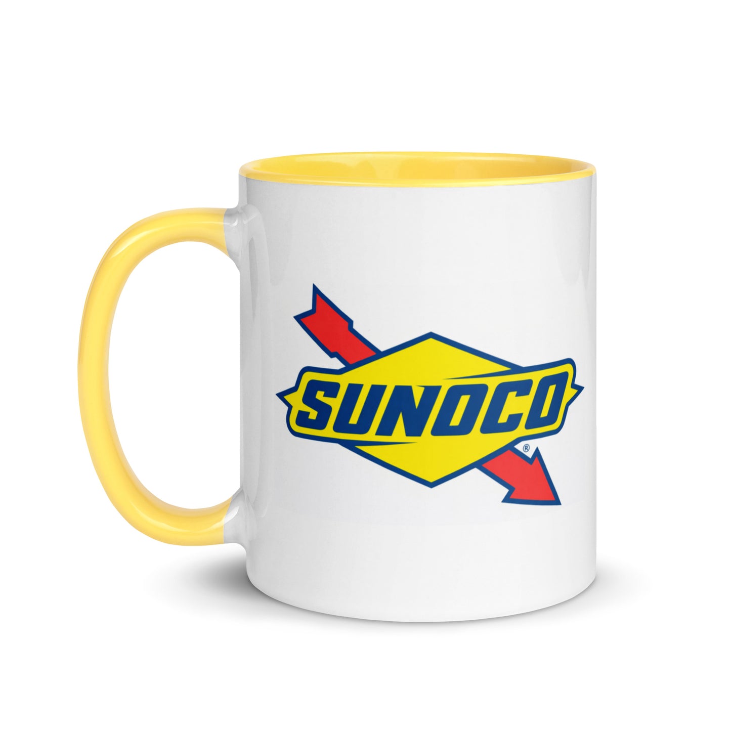 Retro Sunoco gas station coffee mug showcasing the iconic vintage service station logo, ideal for classic car lovers, road trip enthusiasts, and petroleum advertising collectors.