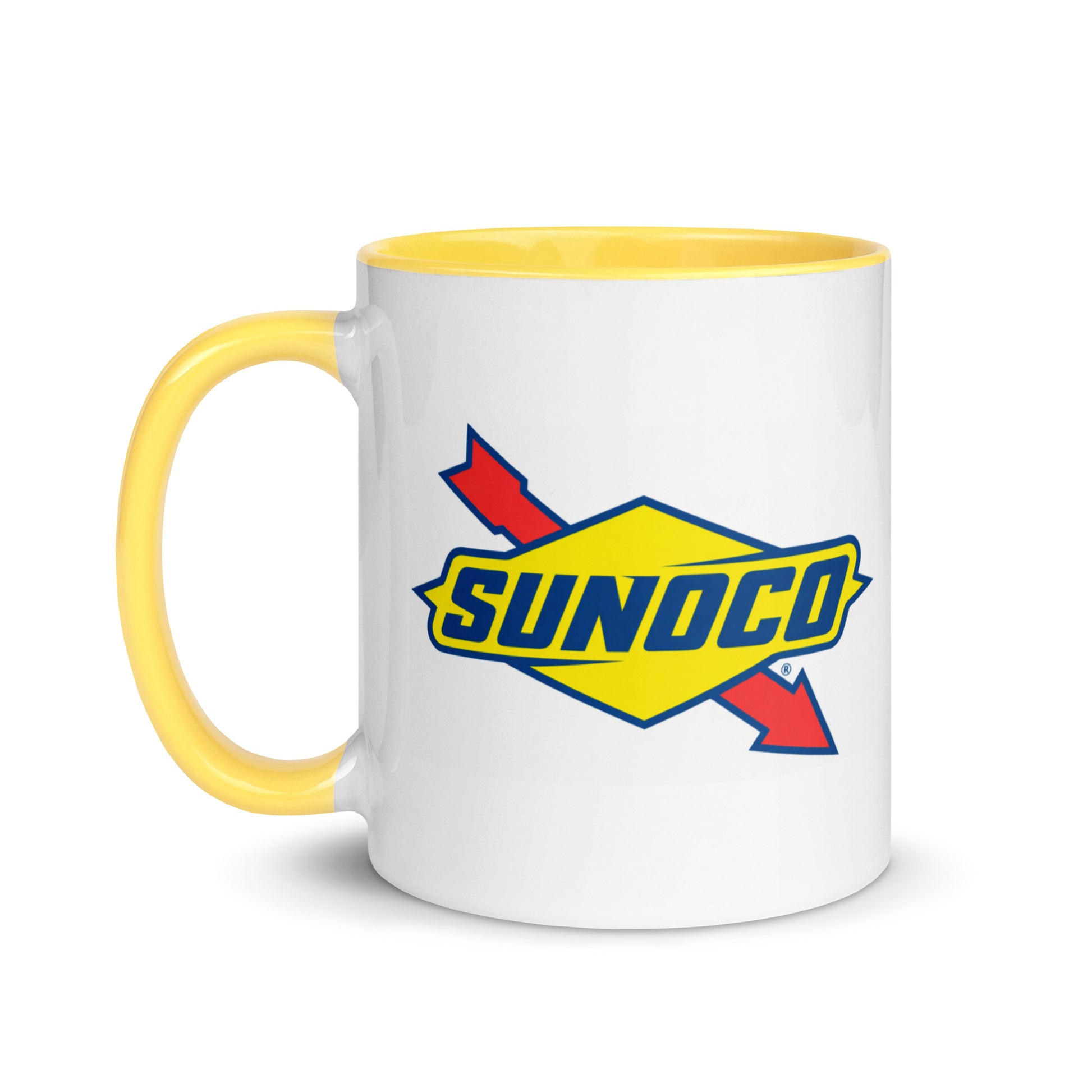 Retro Sunoco gas station coffee mug showcasing the iconic vintage service station logo, ideal for classic car lovers, road trip enthusiasts, and petroleum advertising collectors.
