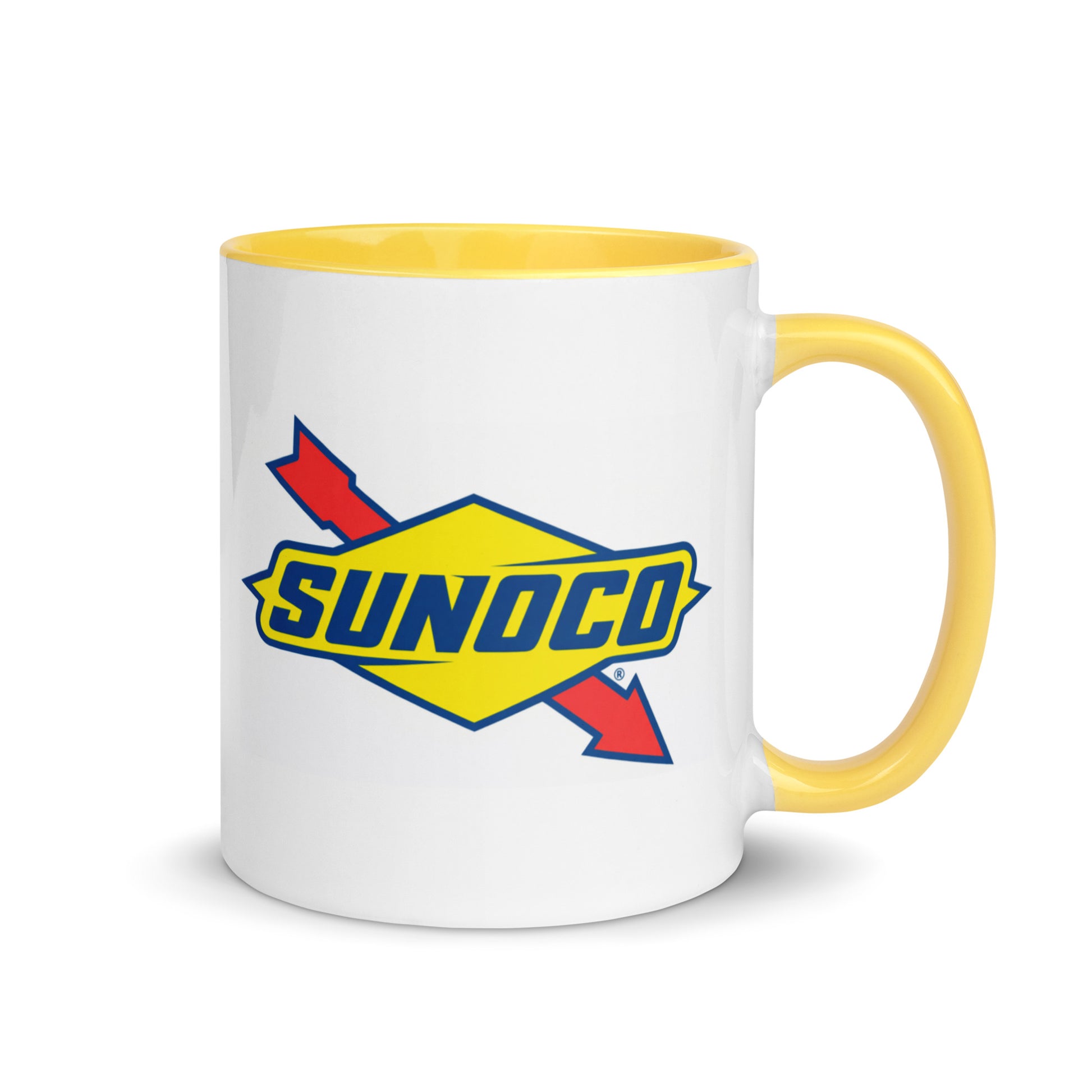 Vintage Sunoco logo coffee mug featuring the classic gas station emblem with yellow diamond and red arrows, perfect for automotive enthusiasts and Americana collectors.