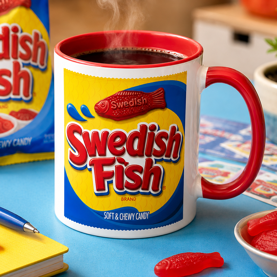 Swedish Fish candy bag coffee mug with red accent handle and interior, featuring the iconic Swedish Fish soft and chewy candy packaging design on a white ceramic coffee cup.