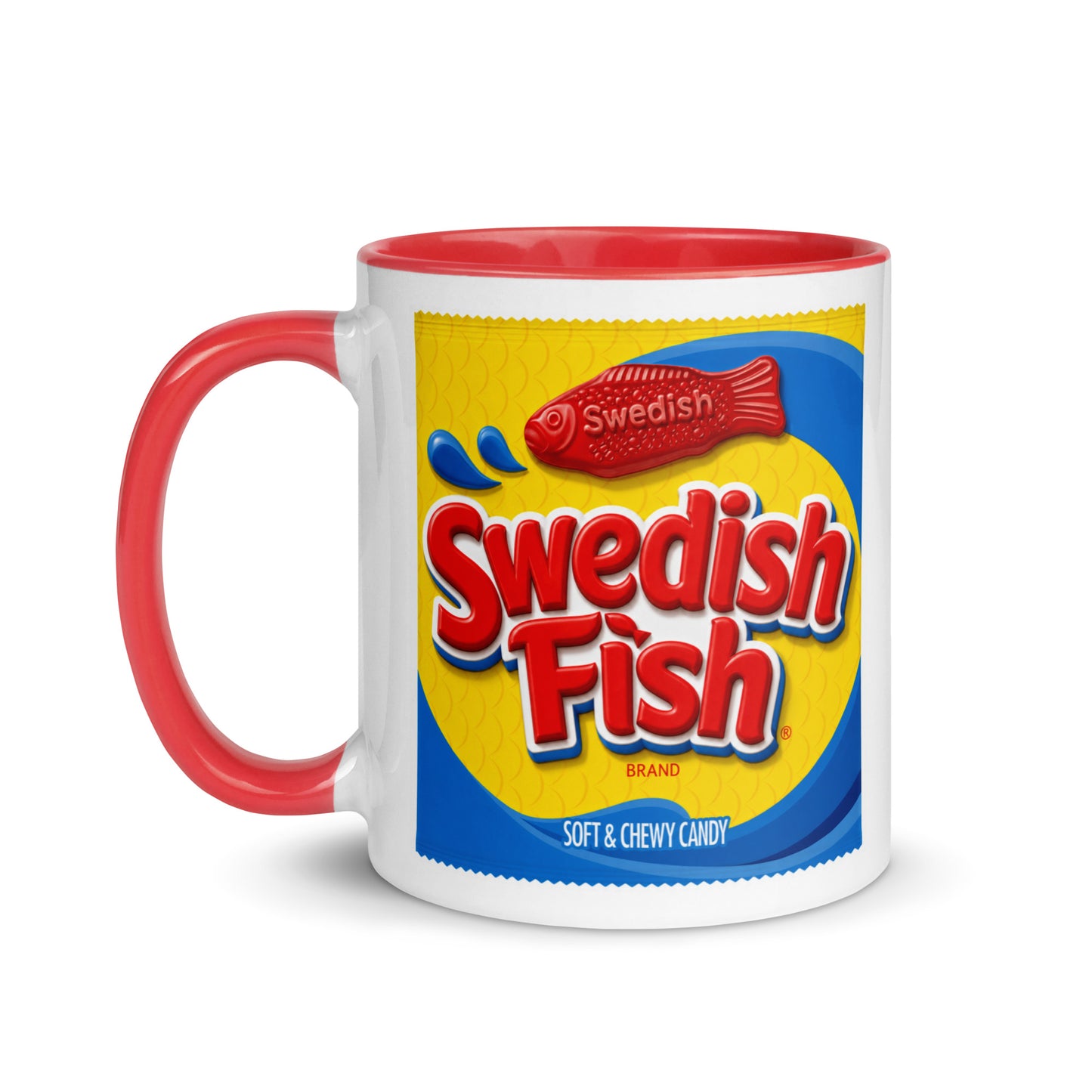 Swedish Fish branded coffee mug featuring the recognizable candy package design, fun gift for candy enthusiasts, retro snack collectors, and coffee lovers.