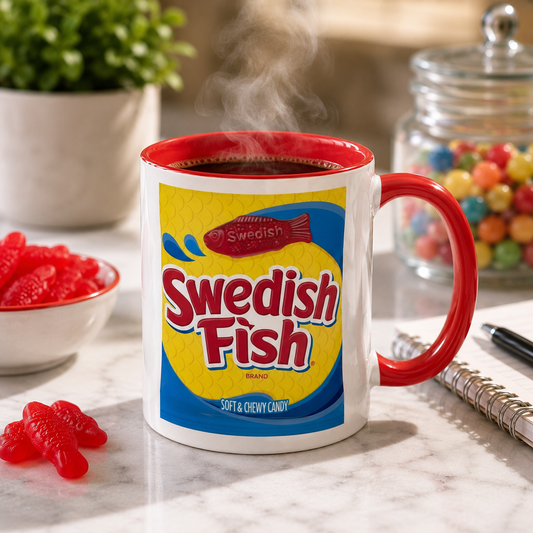 Swedish Fish Coffee Mug | Retro Candy Bag Design Ceramic Cup