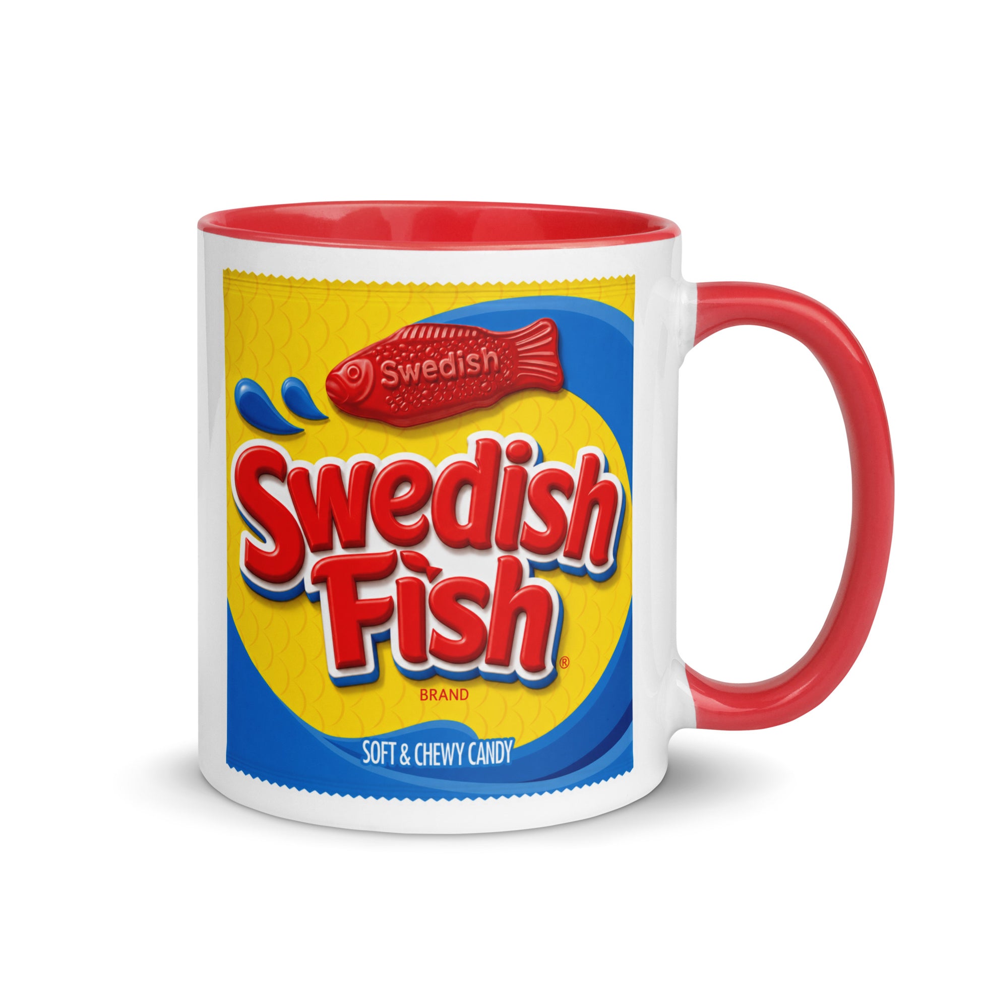 Swedish Fish candy bag coffee mug with red accent handle and interior, featuring the iconic soft and chewy candy packaging artwork on a white ceramic mug for candy lovers, collectors, and nostalgic snack fans.