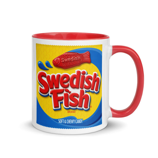 Swedish Fish candy bag coffee mug with red accent handle and interior, featuring the iconic soft and chewy candy packaging artwork on a white ceramic mug for candy lovers, collectors, and nostalgic snack fans.