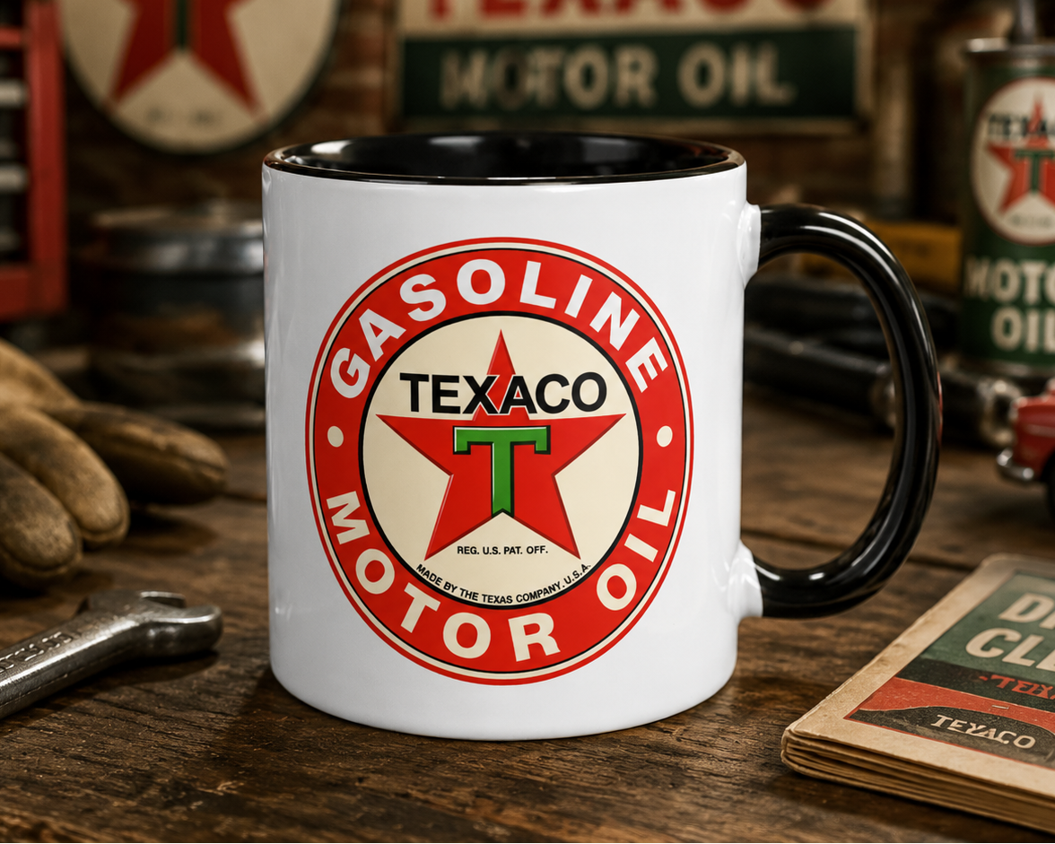 Retro Texaco oil company coffee mug showcasing the iconic vintage gasoline and motor oil logo, ideal for automotive enthusiasts, garage décor collectors, and petroleum advertising fans.