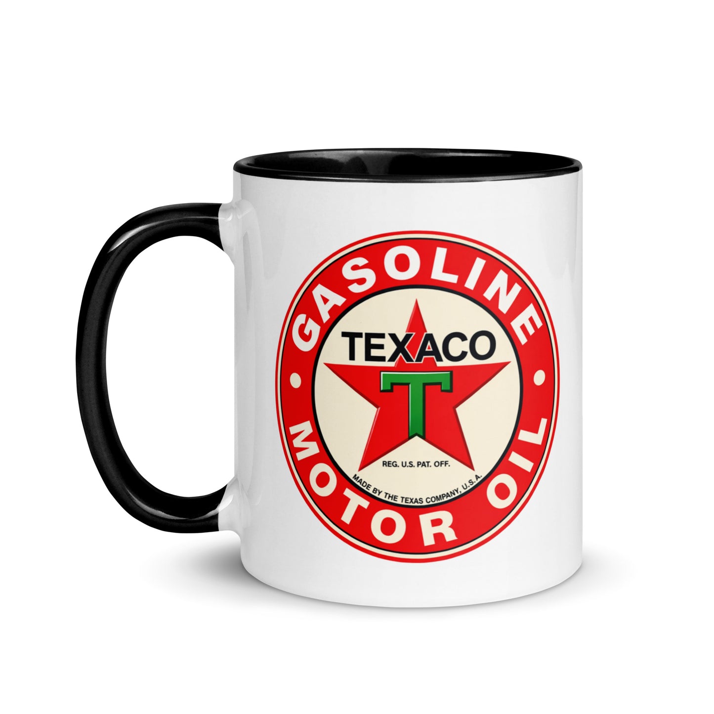 Vintage Texaco Gasoline Motor Oil logo coffee mug featuring the classic red star emblem, perfect for gas station memorabilia collectors, classic car enthusiasts, and Americana fans.