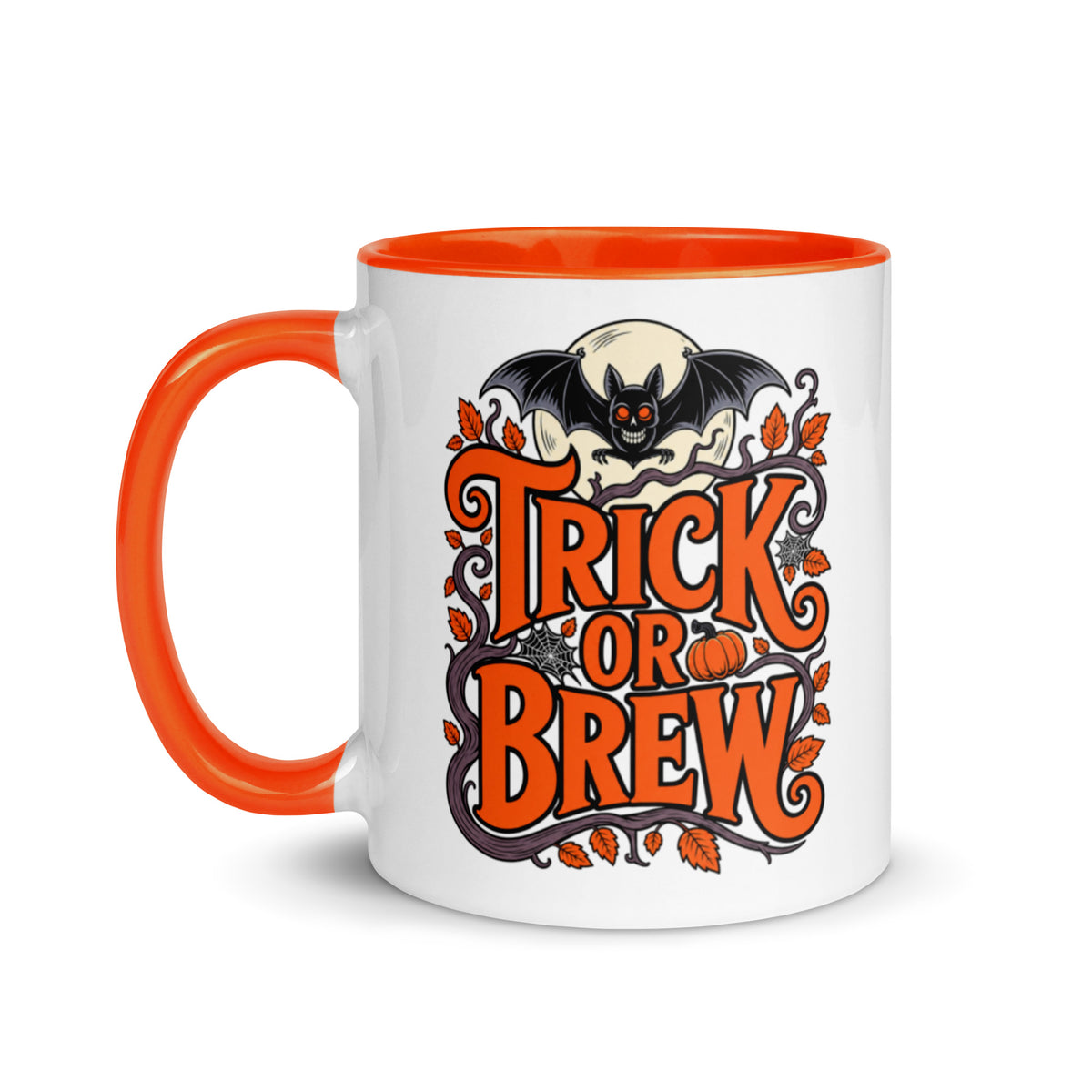 Trick or Brew Halloween coffee mug with orange handle and vintage spooky bat artwork for Halloween coffee lovers