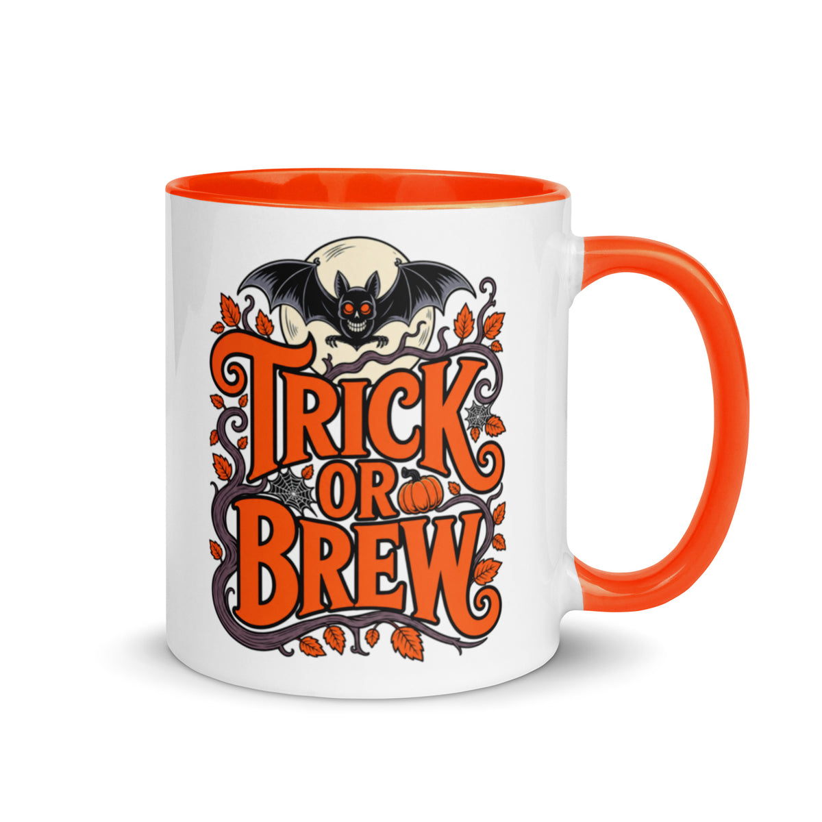 Trick or Brew Halloween 11 oz coffee mug with orange handle, spooky bat, pumpkin and fall leaves design