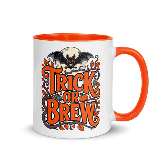 Trick or Brew Halloween 11 oz coffee mug with orange handle, spooky bat, pumpkin and fall leaves design