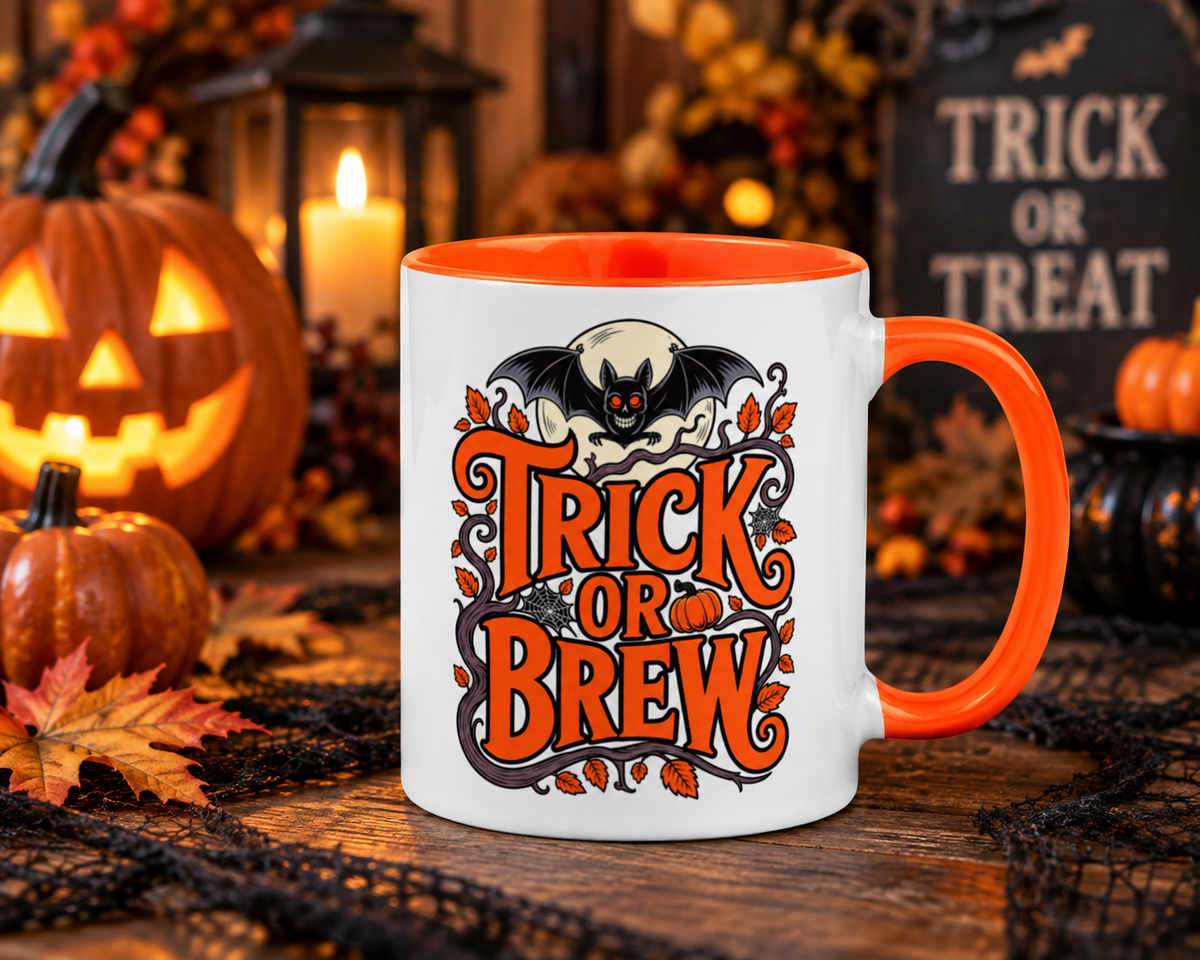 Halloween Trick or Brew ceramic coffee mug featuring black bat, full moon, spiderwebs and orange pumpkin design