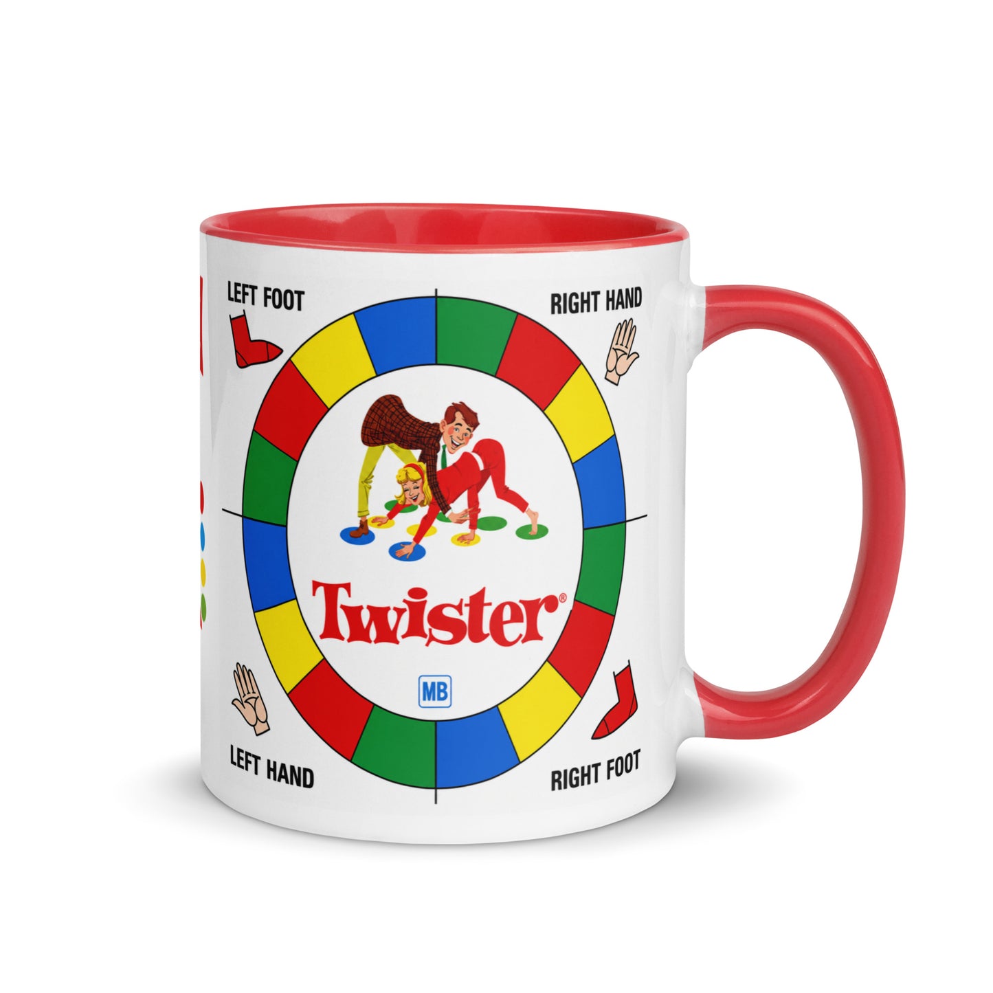 Twister classic board game coffee mug featuring the iconic Twister spinner design on a white ceramic mug with red handle and interior, perfect for retro game nights and nostalgic family fun.