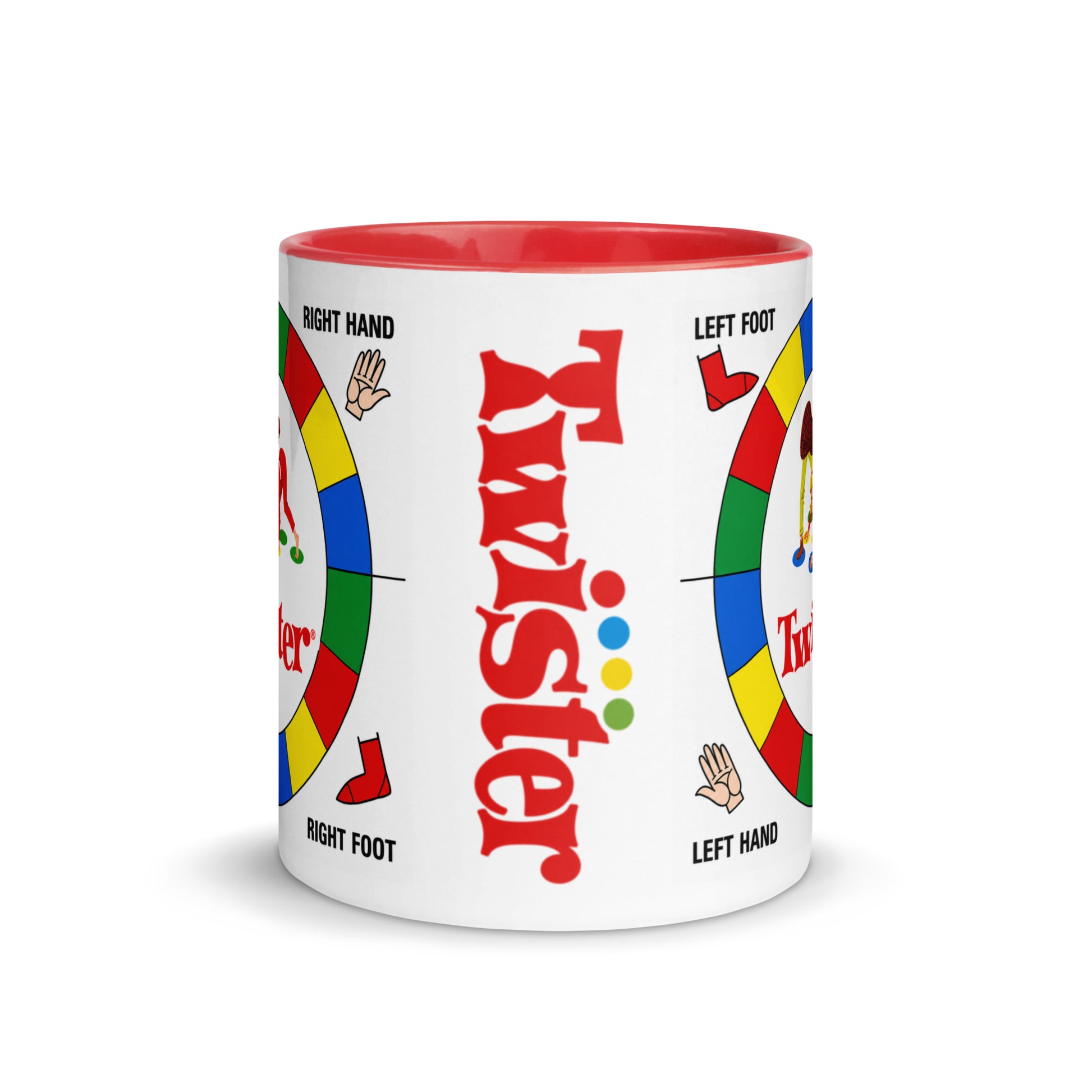 White ceramic Twister spinner mug with red accent handle and colorful game board graphics, ideal for board game lovers, nostalgic pop culture collections, and unique coffee mug gifts.