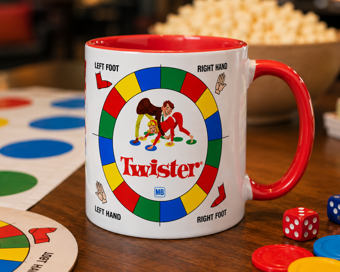 Vintage Twister game logo ceramic coffee mug inspired by the classic party board game, novelty gift for board game enthusiasts, collectors, and fans of retro family entertainment.