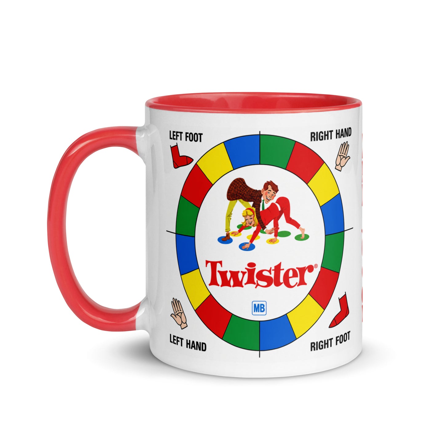 Twister classic board game coffee mug featuring the iconic Twister spinner design on a white ceramic mug with red handle and interior, perfect for retro game nights and nostalgic family fun.