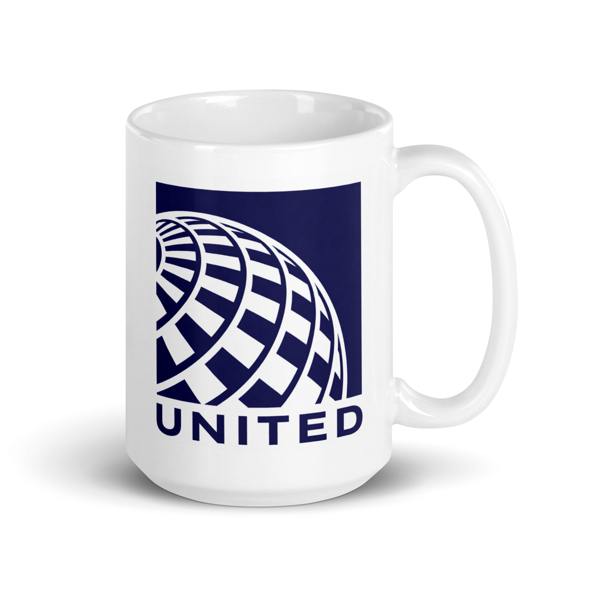 United Airlines globe logo coffee mug featuring the classic blue airline emblem on a white ceramic mug, perfect for aviation enthusiasts, travelers, pilots, and airline memorabilia collectors.