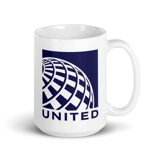 United Airlines globe logo coffee mug featuring the classic blue airline emblem on a white ceramic mug, perfect for aviation enthusiasts, travelers, pilots, and airline memorabilia collectors.
