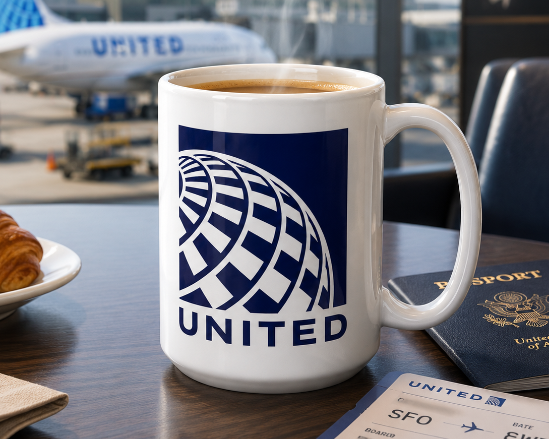 United Airlines globe logo coffee mug featuring the iconic blue airline emblem on a white ceramic mug, perfect for aviation enthusiasts, pilots, and frequent travelers.