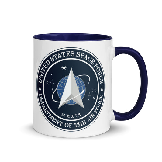 United States Space Force logo coffee mug featuring the official Space Force emblem on a white ceramic mug with navy blue handle and interior, perfect for military supporters, veterans, and patriotic collectors.