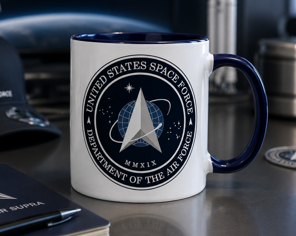 United States Space Force logo coffee mug featuring the official Space Force emblem on a white ceramic mug with navy blue handle and interior, perfect for military supporters, veterans, and patriotic collectors.
