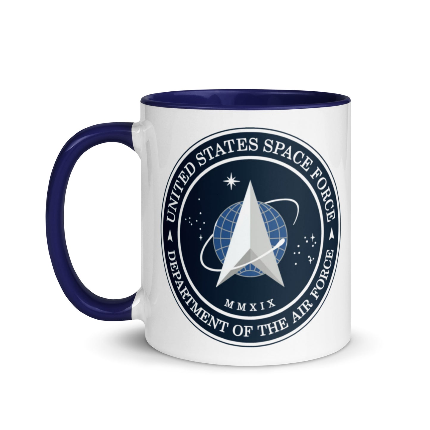 United States Space Force ceramic coffee mug with Space Force seal and navy blue accents, an ideal gift for active-duty Guardians, veterans, military families, and aerospace enthusiasts.