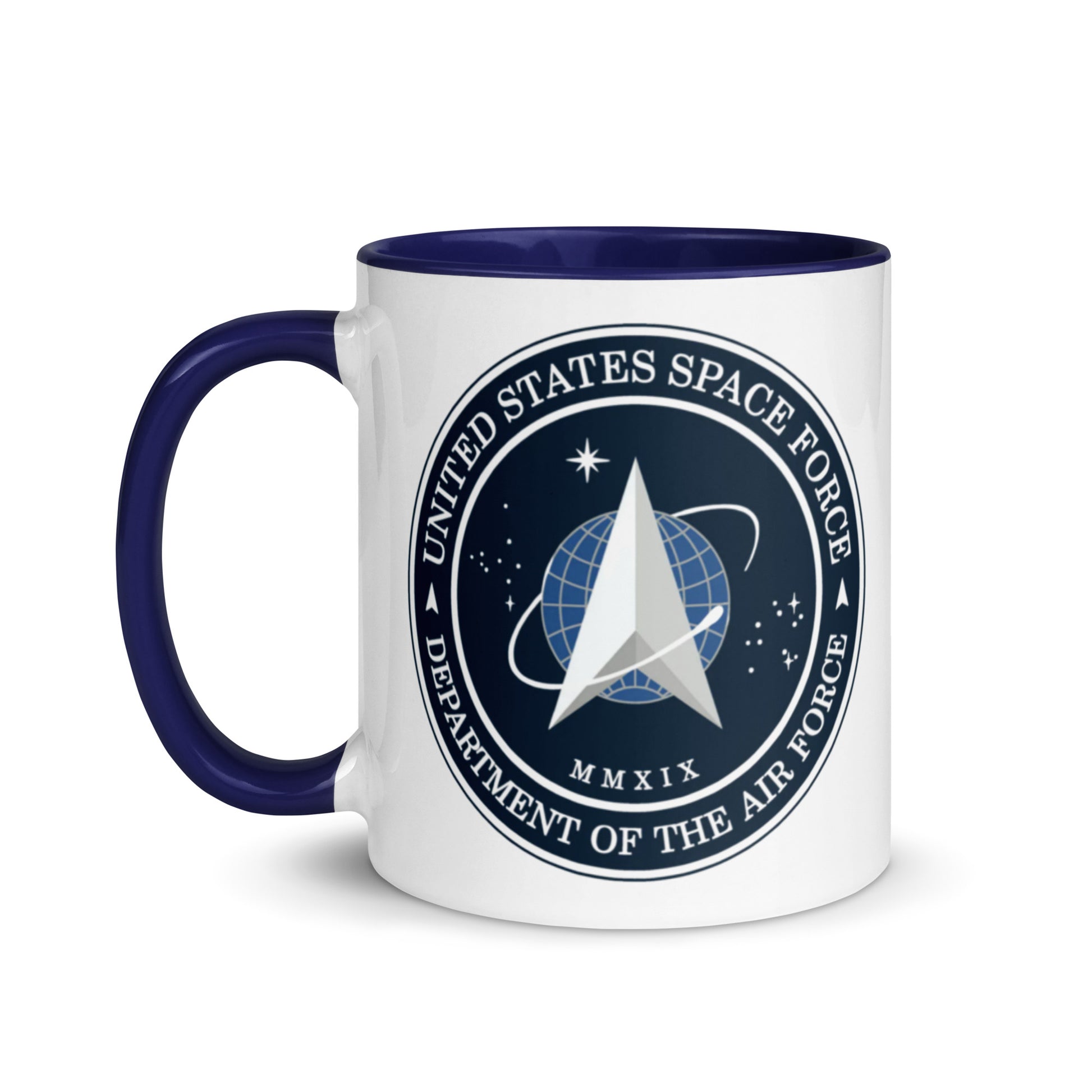 United States Space Force ceramic coffee mug with Space Force seal and navy blue accents, an ideal gift for active-duty Guardians, veterans, military families, and aerospace enthusiasts.
