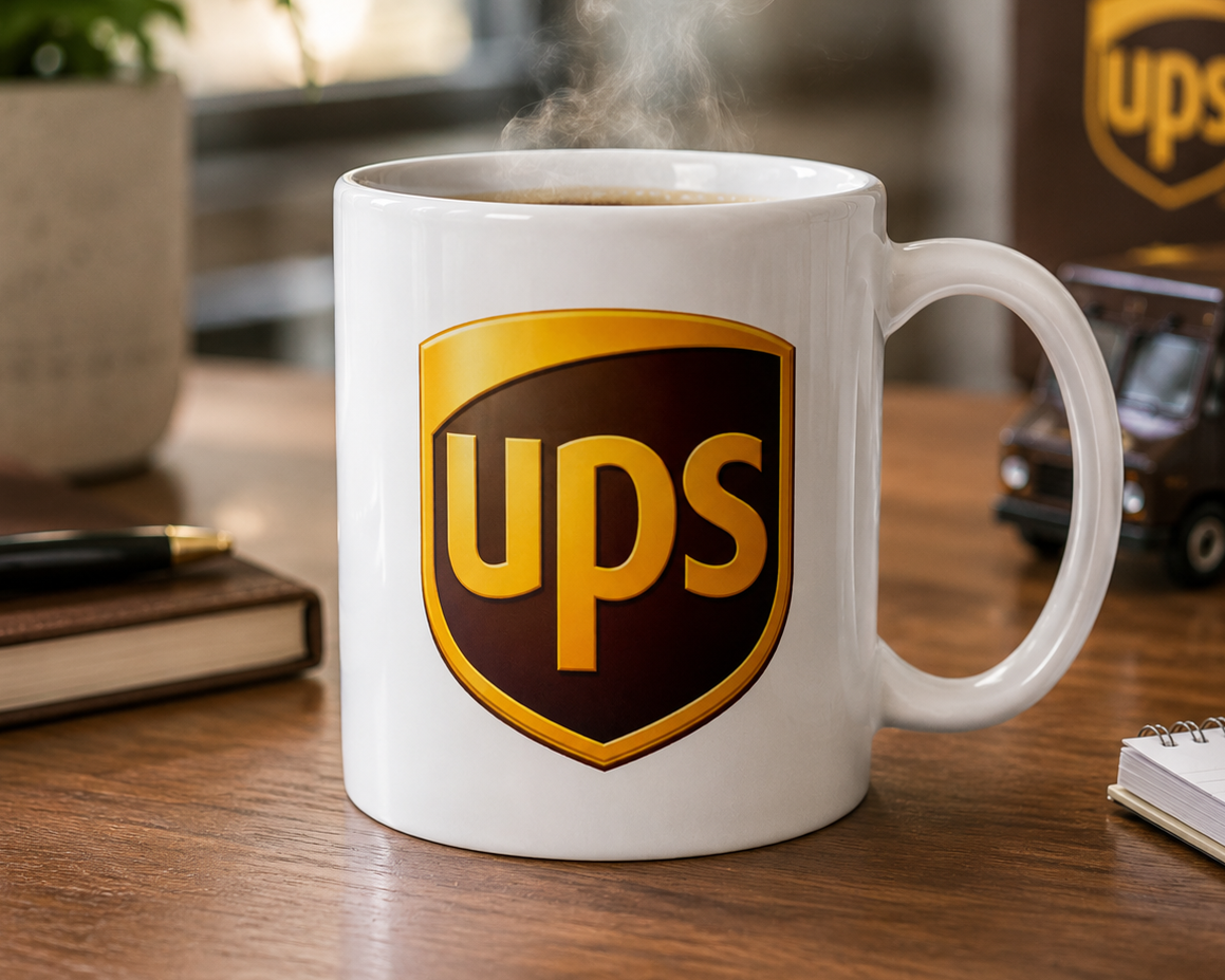 Retro UPS logo coffee mug inspired by classic United Parcel Service branding, great for delivery drivers, shipping enthusiasts, warehouse teams, and memorabilia collectors.
